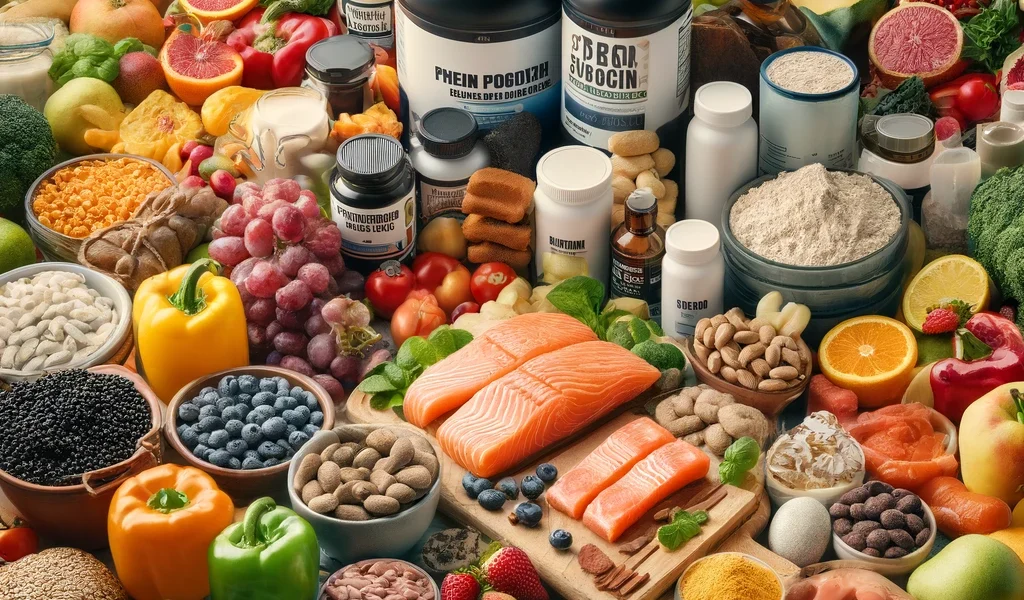 A colorful and detailed layout of various healthy foods and supplements for strength training