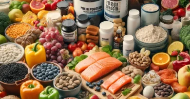 A colorful and detailed layout of various healthy foods and supplements for strength training