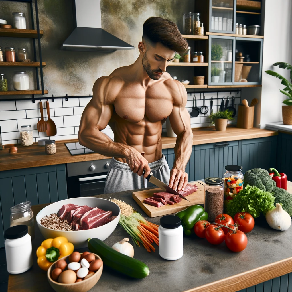A strong, athletic person in a modern kitchen preparing a nutritious meal for strength training