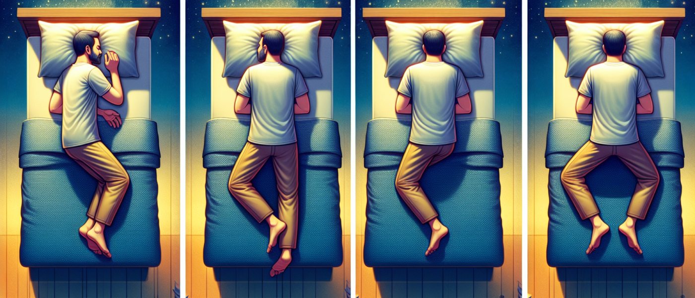 Create an image of a man in his 50s sleeping in various optimal positions that reduce back pain. The settings of the image include a comfortable bedroom with soft lighting. The positions should includ