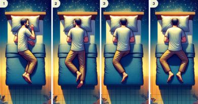 Create an image of a man in his 50s sleeping in various optimal positions that reduce back pain. The settings of the image include a comfortable bedroom with soft lighting. The positions should includ