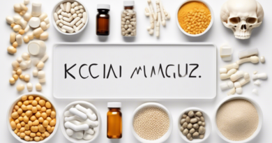 Create an image showcasing a variety of supplements that are beneficial for bone strength. Include tablets, capsules, and powders labeled with key nutrients such as calcium, vitamin D, magnesium, and