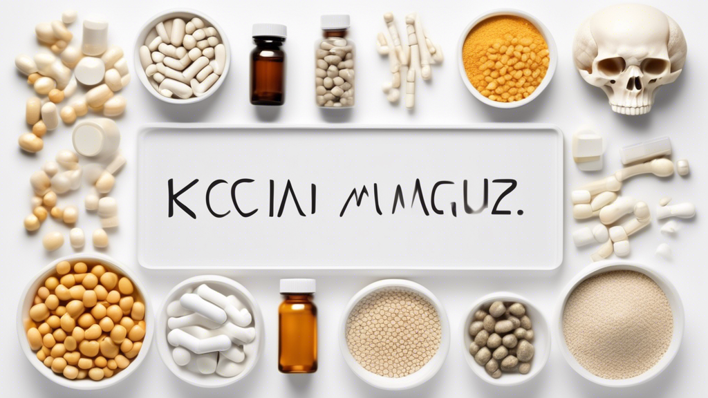 Create an image showcasing a variety of supplements that are beneficial for bone strength. Include tablets, capsules, and powders labeled with key nutrients such as calcium, vitamin D, magnesium, and