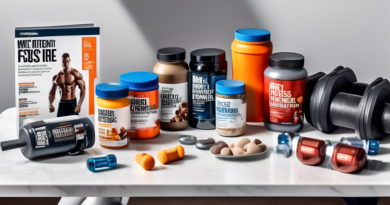 Create an image showing a variety of men's fitness supplements arranged on a sleek, modern tabletop. Include protein powder, multivitamins, omega-3 capsules, and pre-workout drinks. Add elements like