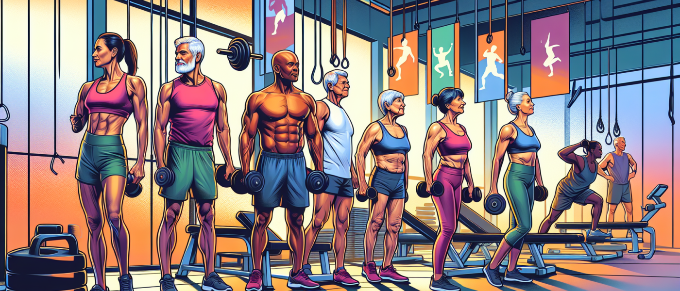Illustration of vibrant, fit individuals in their 50s performing a variety of strength training exercises, such as lifting weights and doing yoga, in a modern, well-equipped gym. They display noticeab