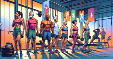 Illustration of vibrant, fit individuals in their 50s performing a variety of strength training exercises, such as lifting weights and doing yoga, in a modern, well-equipped gym. They display noticeab