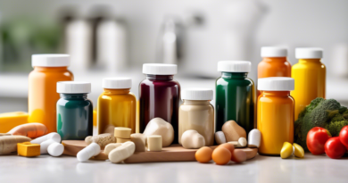Create an image that visually represents joint health supplements. The scene should include a well-organized assortment of supplement bottles, labeled with terms like Glucosamine, Chondroitin, Turmeri
