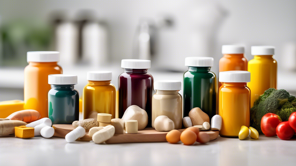 Create an image that visually represents joint health supplements. The scene should include a well-organized assortment of supplement bottles, labeled with terms like Glucosamine, Chondroitin, Turmeri
