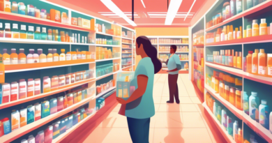 A brightly lit health store aisle with shelves stocked with various supplements. Each bottle is clearly labeled for mental clarity, focus, and cognitive support. Shoppers are seen reading labels and d