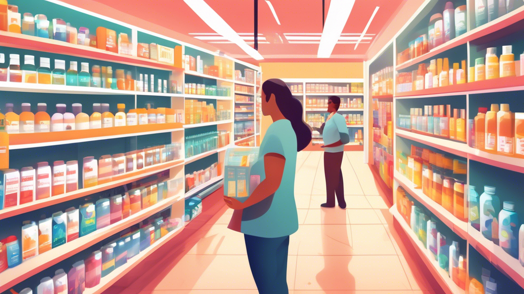 A brightly lit health store aisle with shelves stocked with various supplements. Each bottle is clearly labeled for mental clarity, focus, and cognitive support. Shoppers are seen reading labels and d