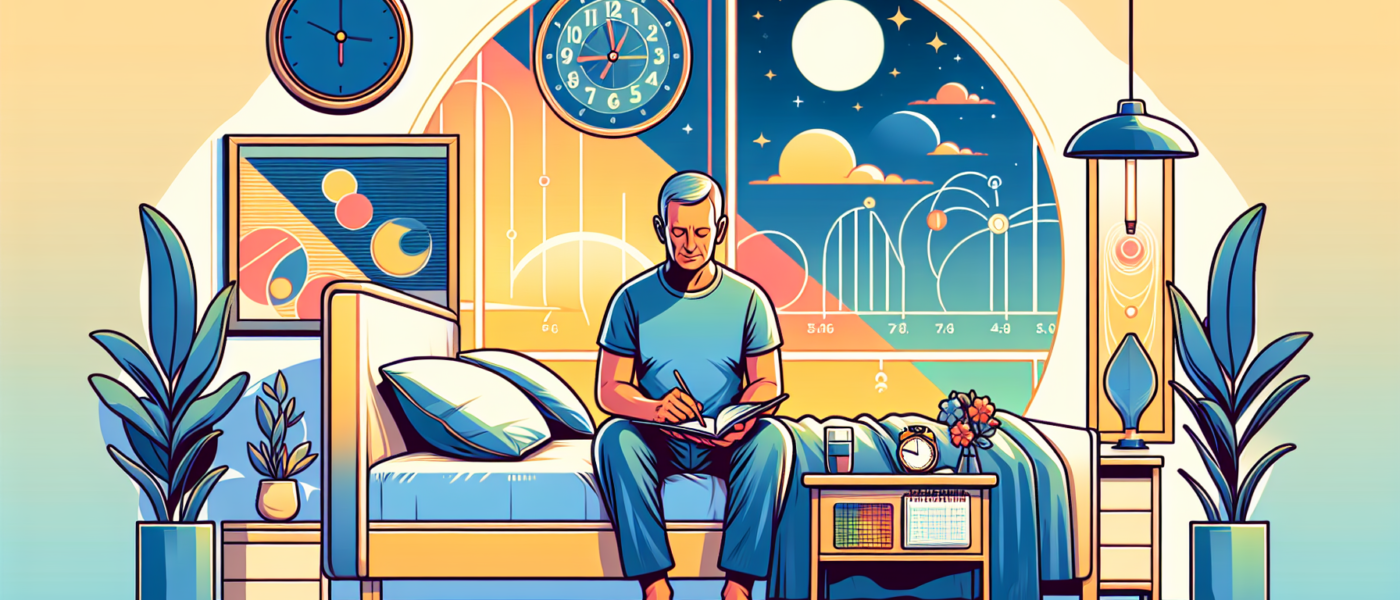 Realistic illustration of a middle-aged individual comfortably adjusting their sleep routine, featuring a serene bedroom scene with a clock showing a gradual change in time from night to morning, symb