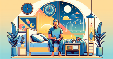 Realistic illustration of a middle-aged individual comfortably adjusting their sleep routine, featuring a serene bedroom scene with a clock showing a gradual change in time from night to morning, symb