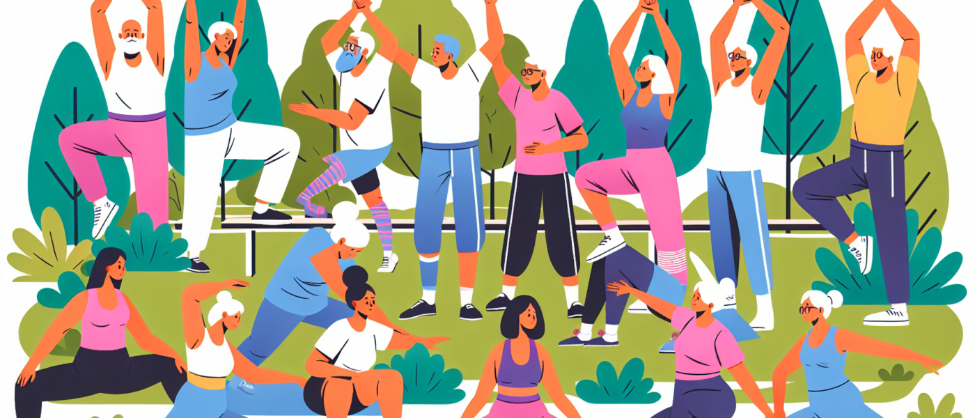 Illustration of a diverse group of elderly individuals engaging in flexibility exercises in a serene park setting, showcasing a variety of activities such as stretching, yoga, and tai chi, all wearing