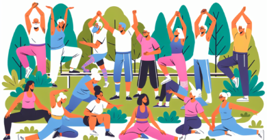 Illustration of a diverse group of elderly individuals engaging in flexibility exercises in a serene park setting, showcasing a variety of activities such as stretching, yoga, and tai chi, all wearing