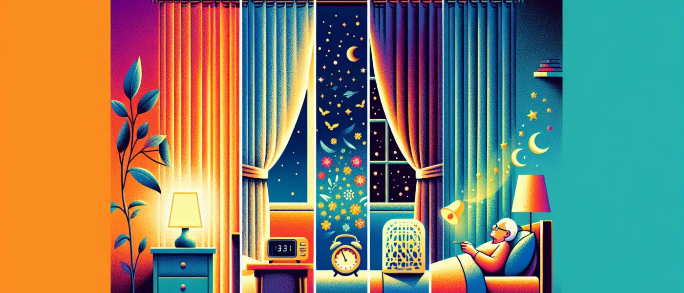 Create an image illustrating the changes in melatonin production with age and potential sleep solutions. The background can be split into three sections: a child’s bedroom with a soft night light, an