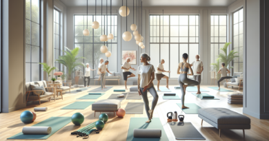Create an image depicting a serene indoor studio with large windows letting in natural light. Inside, a diverse group of individuals, the focus on a middle-aged woman and an elderly man, practice low-