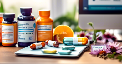 A detailed, colorful illustration of various dietary supplements and vitamins with labels like Vitamin C, Zinc, and Echinacea, arranged neatly on a countertop. In the background, a laptop is open to a