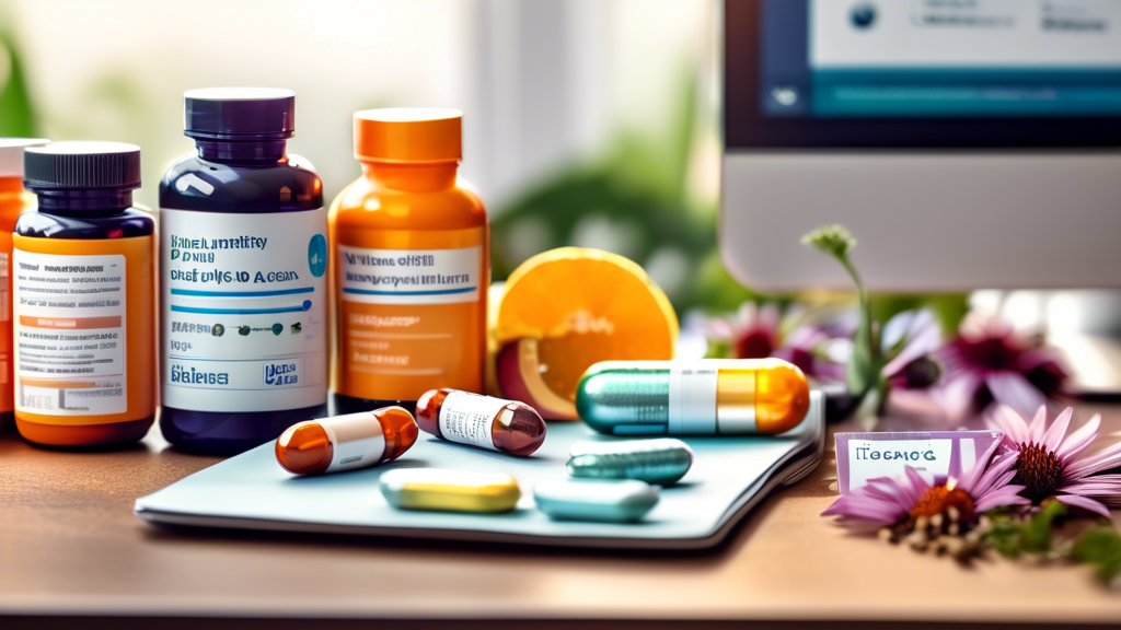 A detailed, colorful illustration of various dietary supplements and vitamins with labels like Vitamin C, Zinc, and Echinacea, arranged neatly on a countertop. In the background, a laptop is open to a