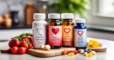 Create a vibrant and informative image of various heart health supplements such as omega-3 fish oil, CoQ10, and magnesium capsules arranged neatly on a countertop. The background should feature a soft