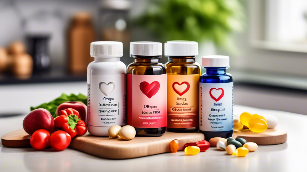 Create a vibrant and informative image of various heart health supplements such as omega-3 fish oil, CoQ10, and magnesium capsules arranged neatly on a countertop. The background should feature a soft