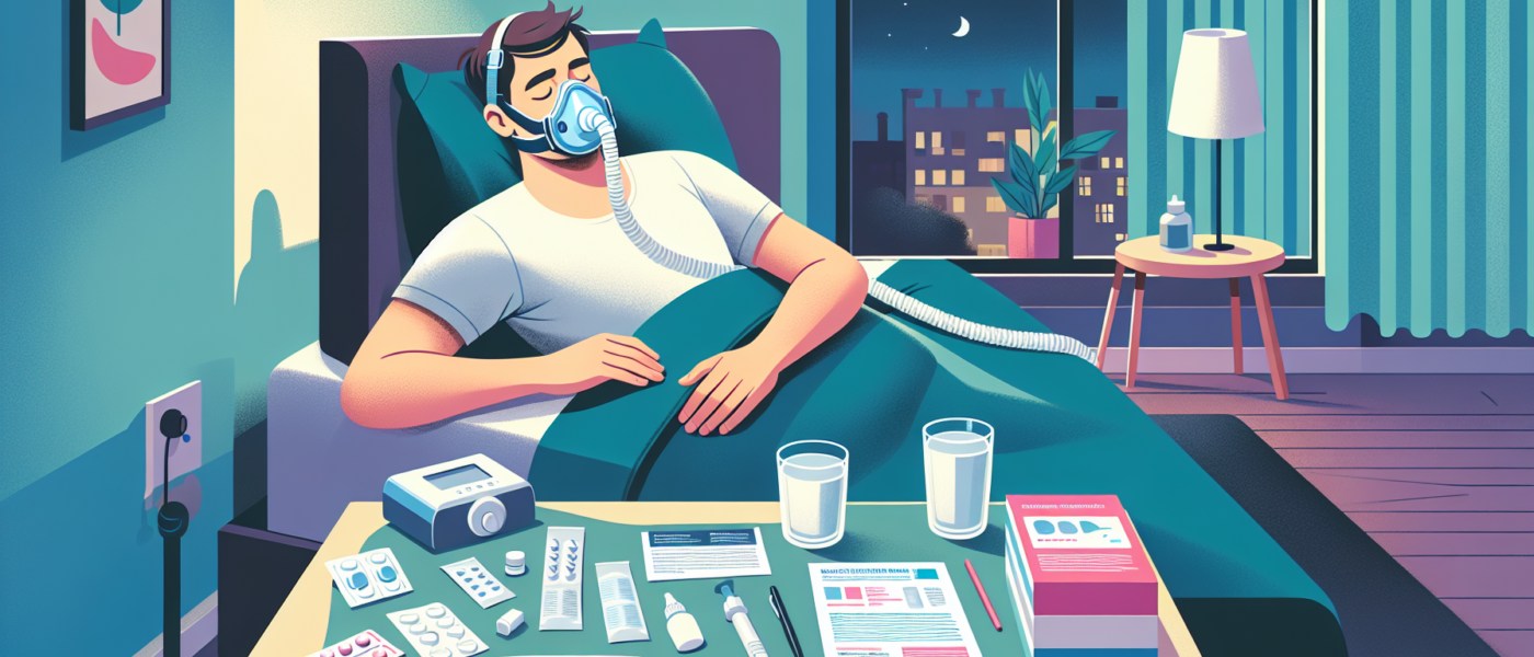 Create an image showing a middle-aged man in his bedroom, wearing a CPAP mask while sleeping peacefully. On the bedside table, place a variety of treatment-related items such as nasal strips, a glass