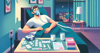 Create an image showing a middle-aged man in his bedroom, wearing a CPAP mask while sleeping peacefully. On the bedside table, place a variety of treatment-related items such as nasal strips, a glass