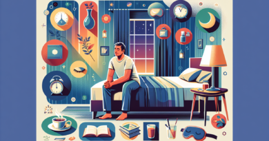Create a detailed and comforting illustration of a middle-aged man in his 50s practicing good sleep hygiene habits. Show the man in a serene bedroom setting with a comfortable bed, dim lighting, and a
