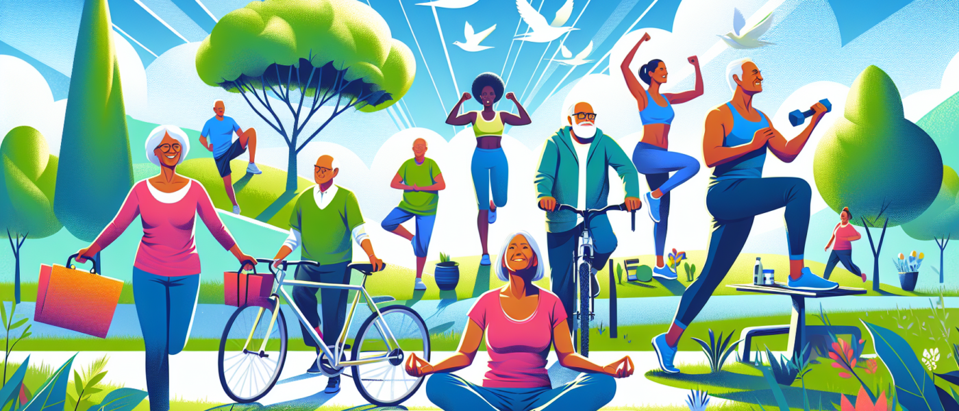 Create an image of a diverse group of older adults engaging in various fitness activities such as yoga, walking, weight lifting, and cycling in a vibrant outdoor setting, showcasing a healthy, active