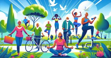 Create an image of a diverse group of older adults engaging in various fitness activities such as yoga, walking, weight lifting, and cycling in a vibrant outdoor setting, showcasing a healthy, active