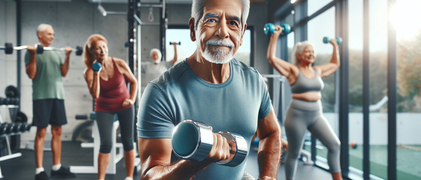 A high-resolution image of an older man in his late 60s or early 70s performing strength training exercises in a modern gym. He is lifting dumbbells with a confident and focused expression. The gym ba