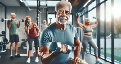 A high-resolution image of an older man in his late 60s or early 70s performing strength training exercises in a modern gym. He is lifting dumbbells with a confident and focused expression. The gym ba