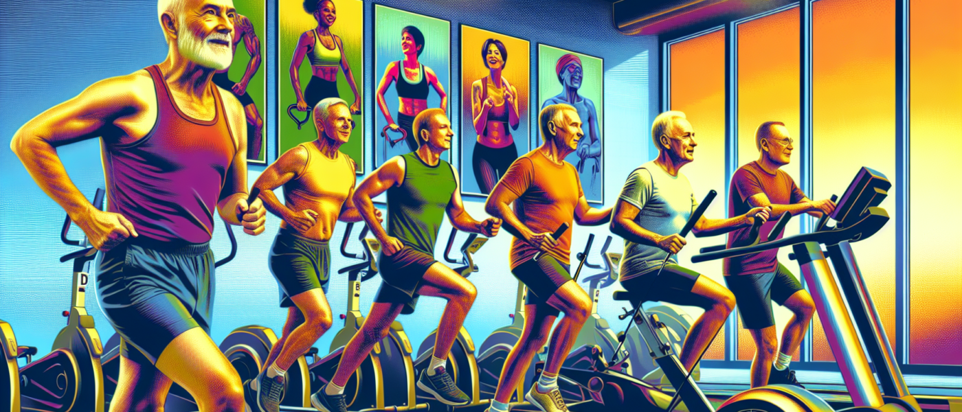 Create an image showcasing a group of mature men, aged 50 and above, engaged in a variety of cardio workouts in a bright, modern gym. Include activities like brisk walking on treadmills, cycling on st