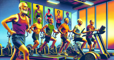Create an image showcasing a group of mature men, aged 50 and above, engaged in a variety of cardio workouts in a bright, modern gym. Include activities like brisk walking on treadmills, cycling on st