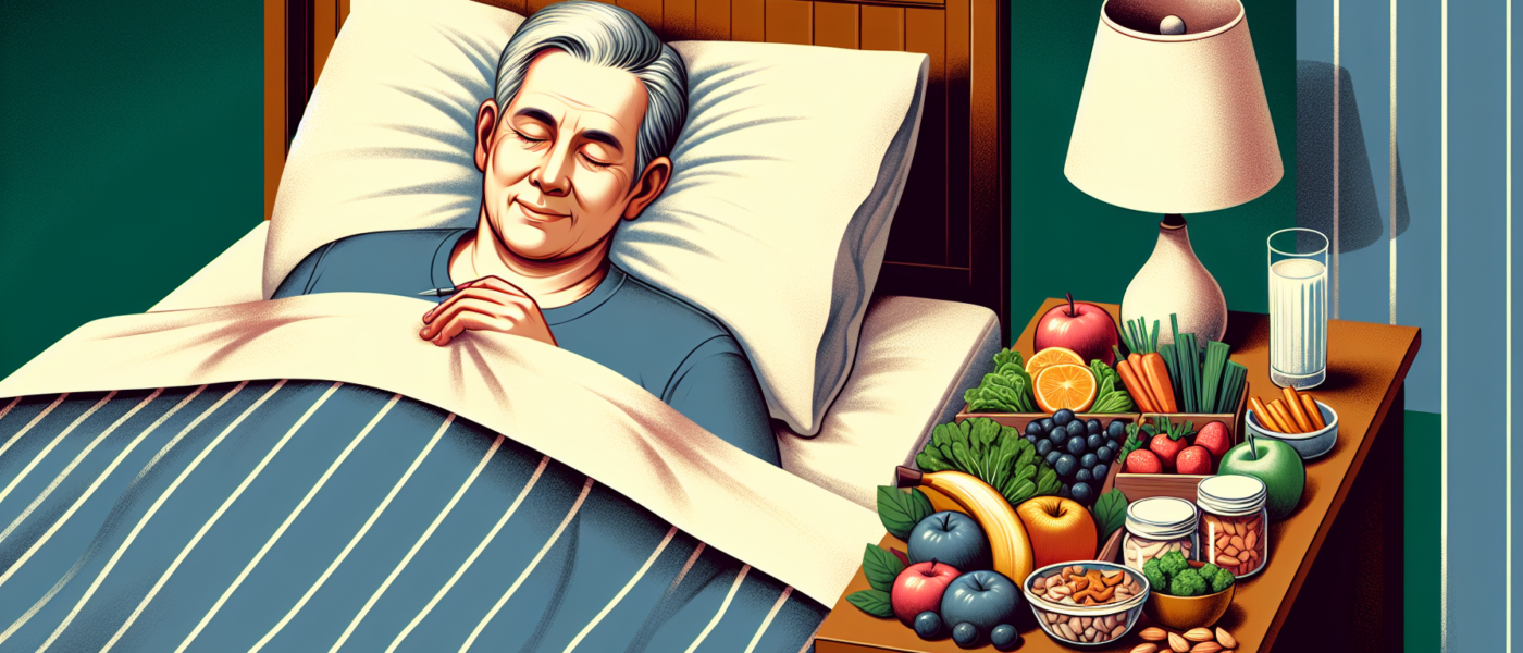 Create an image showcasing an older man in a cozy bedroom setting, with a bedside table displaying healthy foods like fruits, vegetables, and nuts. Show him peacefully sleeping with a content expressi