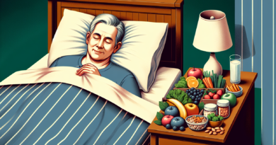 Create an image showcasing an older man in a cozy bedroom setting, with a bedside table displaying healthy foods like fruits, vegetables, and nuts. Show him peacefully sleeping with a content expressi
