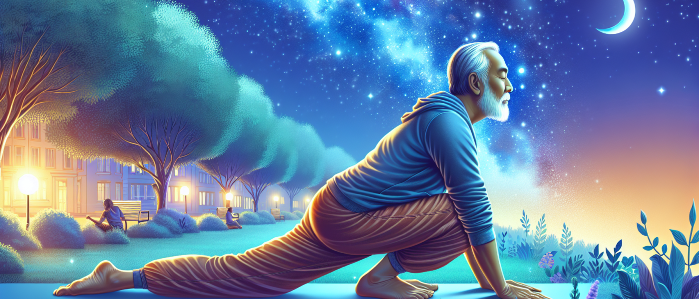 Create an image that shows an older man doing light exercises like yoga or walking in a serene park setting, with a serene and peaceful nighttime background hinting at high sleep quality. Integrate vi