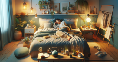 Create an image that depicts the importance of rest and recovery by showing a serene bedroom environment with a cozy bed, soft lighting, and soothing colors. Include elements that represent relaxation