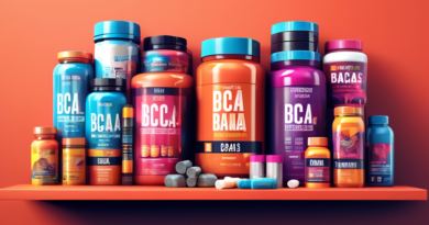 Create a detailed digital illustration of a fitness enthusiast's shelf filled with various muscle growth supplements. Include items such as protein powder, creatine, branched-chain amino acids (BCAAs)