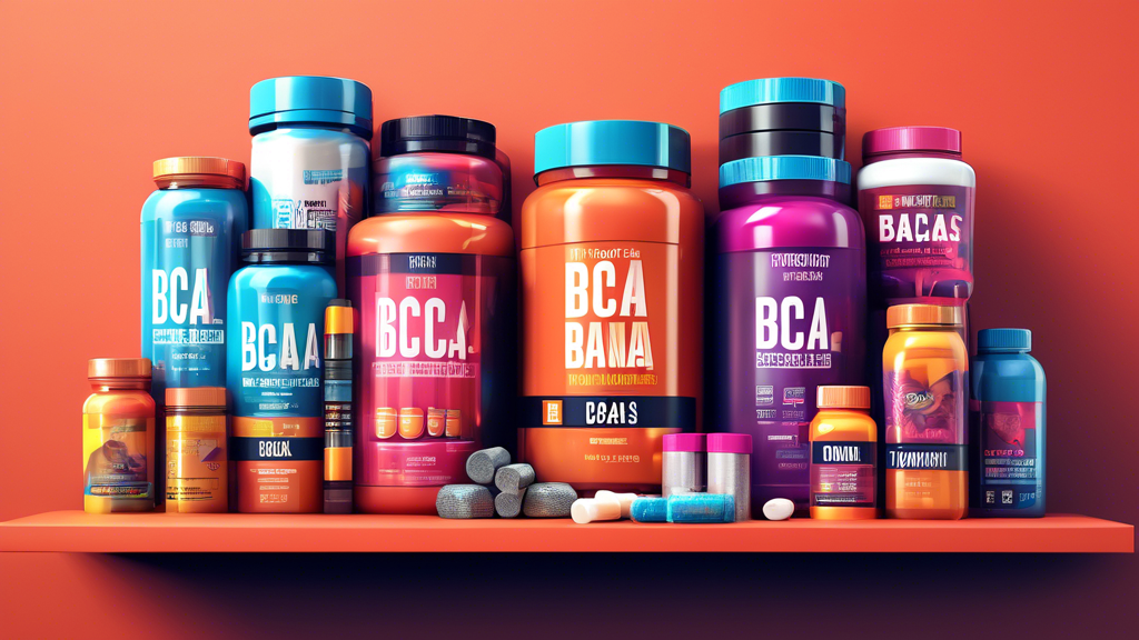 Create a detailed digital illustration of a fitness enthusiast's shelf filled with various muscle growth supplements. Include items such as protein powder, creatine, branched-chain amino acids (BCAAs)