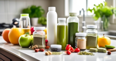 Create an image of a clean, organized kitchen countertop with various weight loss supplements neatly displayed. Include items like green tea extract, garcinia cambogia, protein powder, and apple cider