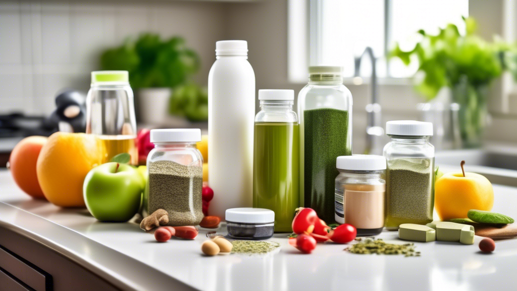 Create an image of a clean, organized kitchen countertop with various weight loss supplements neatly displayed. Include items like green tea extract, garcinia cambogia, protein powder, and apple cider