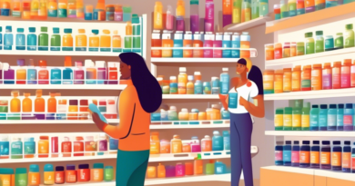 Create an image of a busy health store with shelves lined with colorful bottles and containers labeled 'Energy Supplements.' Customers are browsing and reading labels, and a knowledgeable store assist