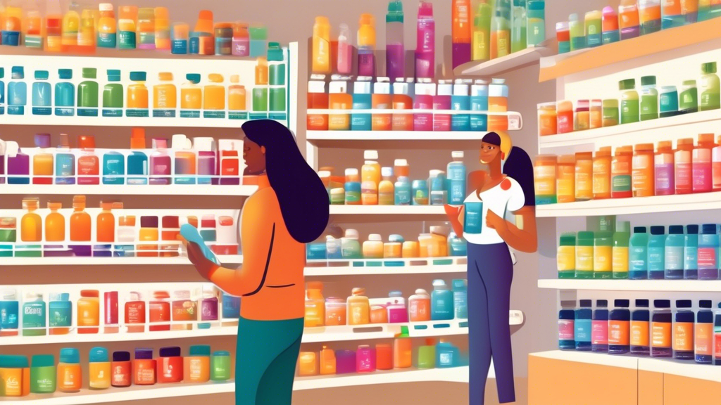 Create an image of a busy health store with shelves lined with colorful bottles and containers labeled 'Energy Supplements.' Customers are browsing and reading labels, and a knowledgeable store assist