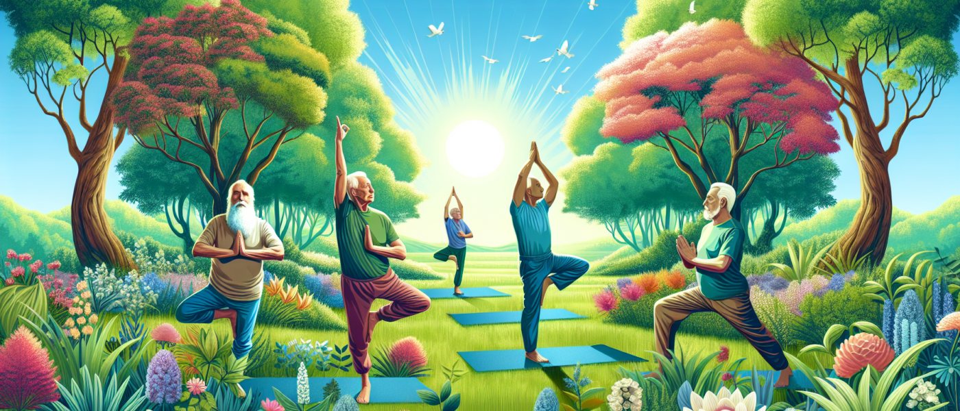 Create an image of a serene outdoor setting where older men are practicing yoga. They are positioned on yoga mats on a grassy field, surrounded by lush greenery and gentle sunlight. The men display va