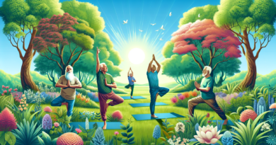 Create an image of a serene outdoor setting where older men are practicing yoga. They are positioned on yoga mats on a grassy field, surrounded by lush greenery and gentle sunlight. The men display va