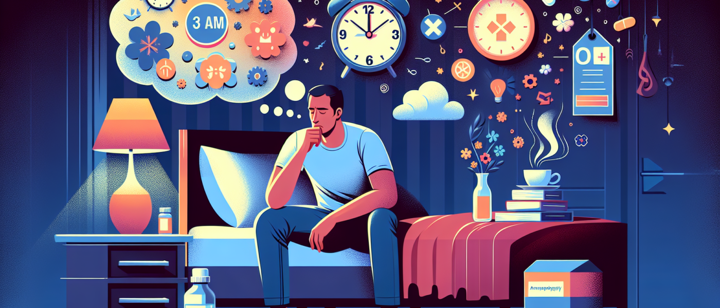 Create an image showcasing a middle-aged man experiencing insomnia, sitting on the edge of his bed in a dimly lit bedroom. Surrounding him, illustrate various causes and solutions to insomnia such as