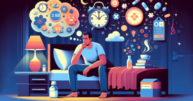 Create an image showcasing a middle-aged man experiencing insomnia, sitting on the edge of his bed in a dimly lit bedroom. Surrounding him, illustrate various causes and solutions to insomnia such as