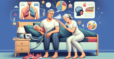 Create an image of an elderly man in his 50s, lying in bed and snoring loudly, with his concerned partner beside him. Highlight a mix of potential solutions, such as medical devices like CPAP machines