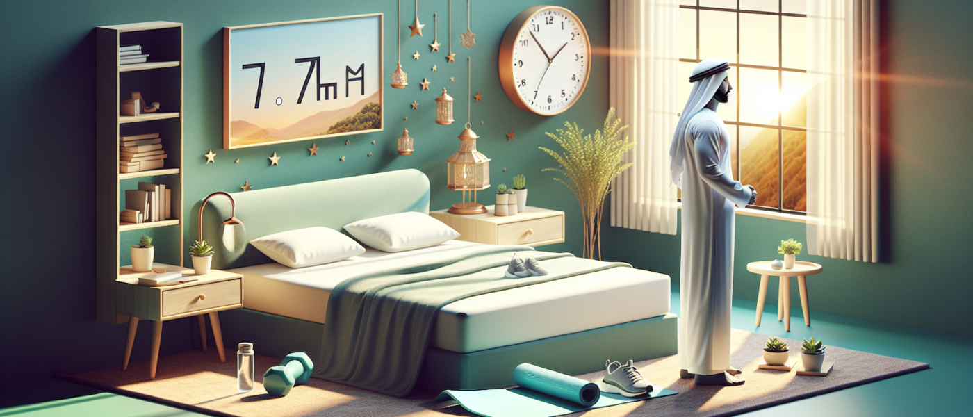Create an image of a fit individual in their mid-50s who is balancing sleep and exercise. Show them in a serene bedroom with soft morning light coming through the window, their bed neatly made, and a