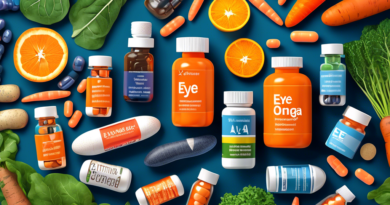 A vibrant, detailed illustration of a variety of supplements and natural foods known for promoting eye health. The image features colorful capsules, tablets, and bottles labeled with vitamins such as